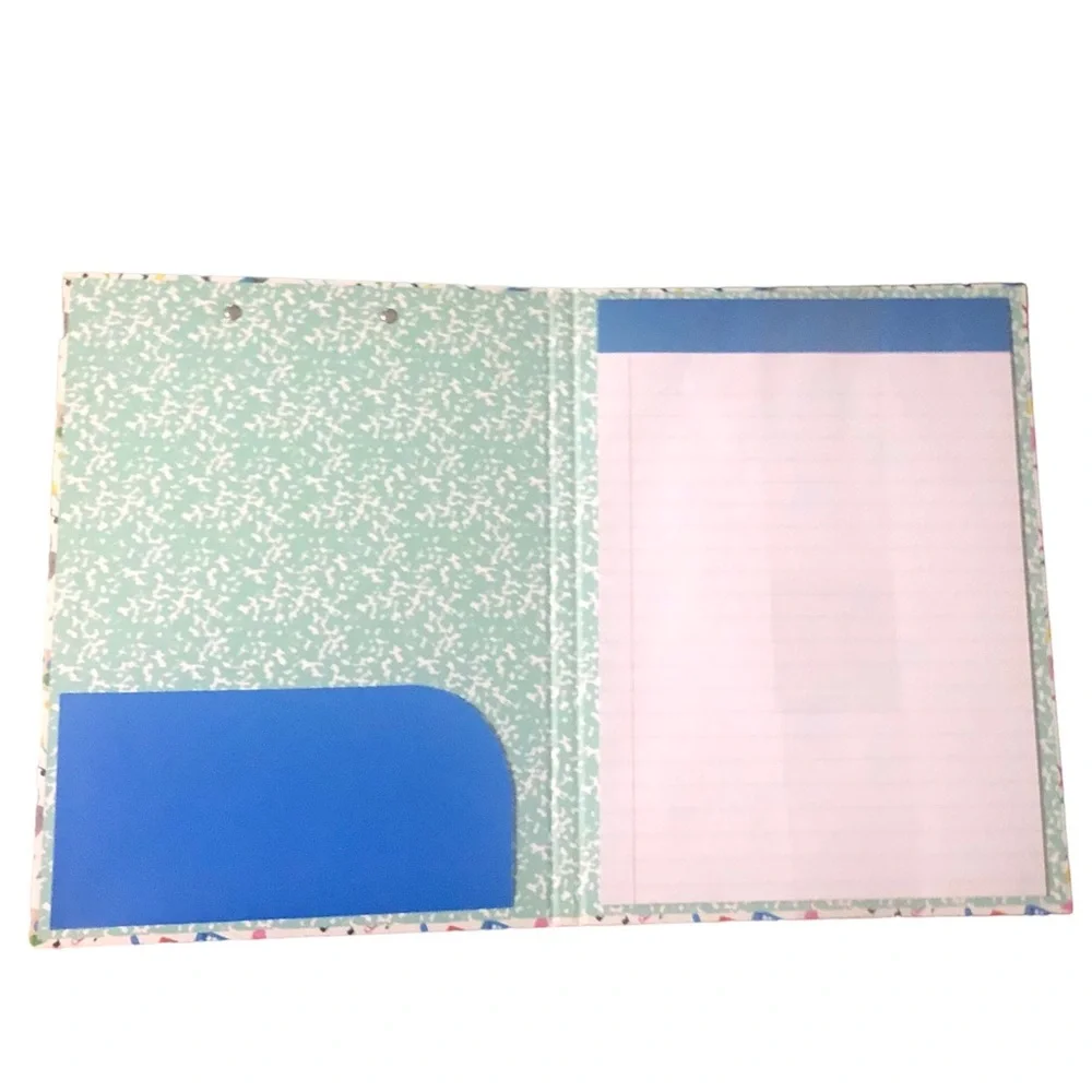 School supply themed hard cover portfolio with inner pocket and notepad